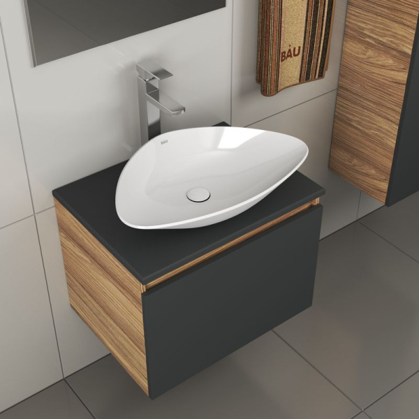 Комплект для ванной, 4 предмета (тумба Bau 60, графит + раковина BAU Triangle 59х39 + смеситель Hotel Still, выпуск клик-клак, белый)