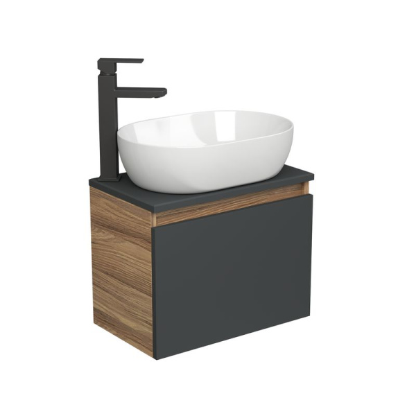 Комплект для ванной, 3 предмета (Тумба подвесная Bau Blackwood 50 графит + Раковина BAU 48х34, Смеситель высокий Hotel Black, черный)