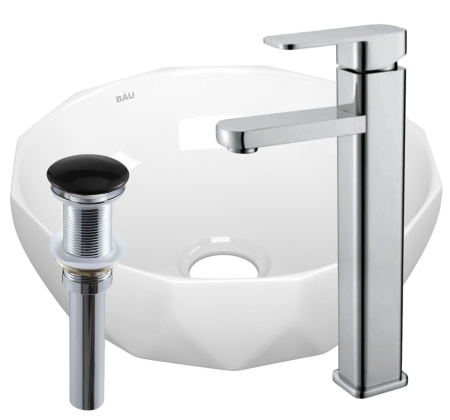 Раковина накладная со смесителем и выпуском (на столешницу BAU Diamond D40, белая + смеситель Hotel Still, нер. сталь, выпуск клик-клак черный)