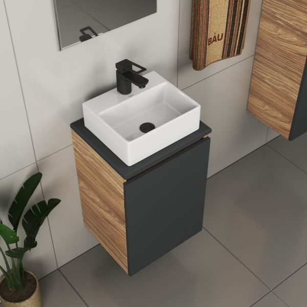 Комплект для ванной, 4 предмета (Тумба под раковину Bau Blackwood 40, графит + раковина BAU 33х28 + смеситель Cerama Black, черный, выпуск)