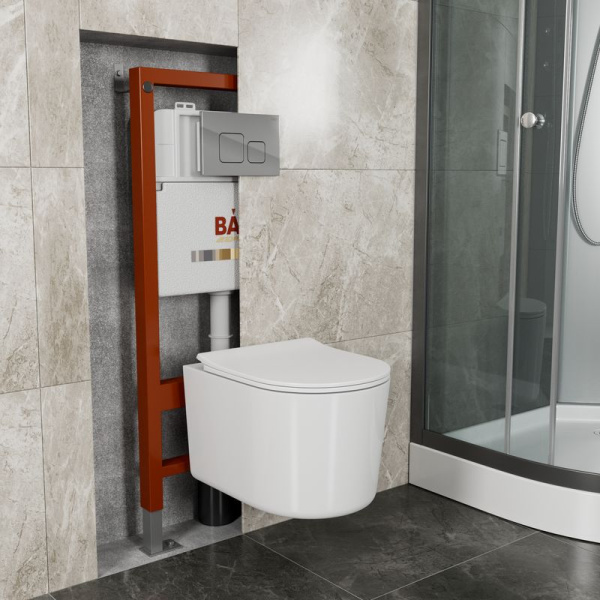 Комплект BAU 6 в 1: инсталляция BAU PRO, унитаз подвесной безободковый Bau Hotel PRO, быстросъемное сиденье микролифт, кнопка смыва BAU Soul, хром