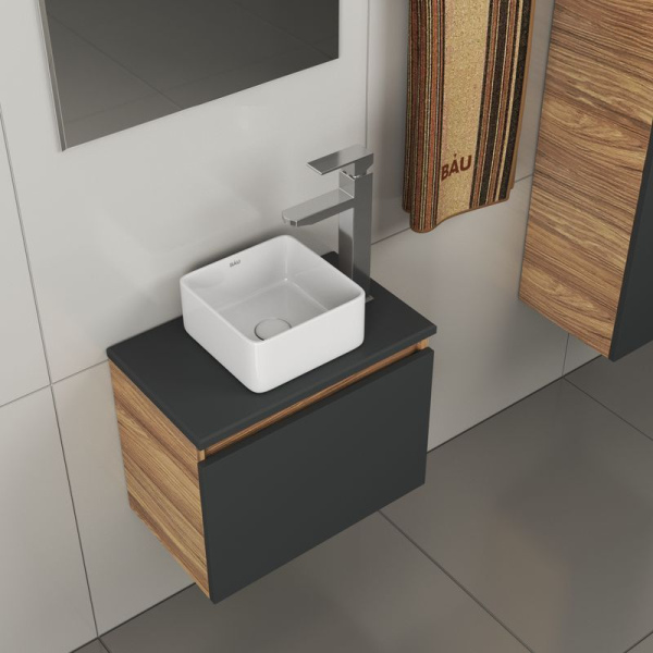 Комплект для ванной, 4 предмета (тумба Bau 50, графит + раковина BAU Hotel mini 24х24 + смеситель Hotel Still, выпуск клик-клак, белый)