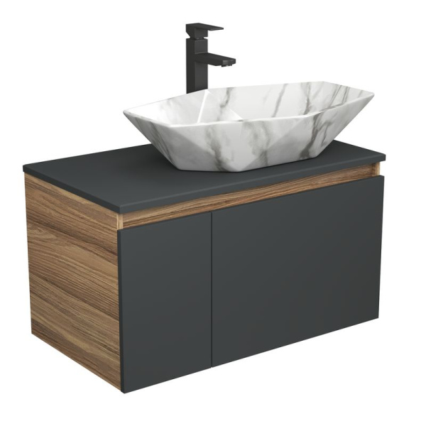 Комплект для ванной, 3 предмета (Тумба подвесная Bau Blackwood 80 графит + Раковина BAU 64х40, мрамор, Смеситель высокий Hotel Black, черный)