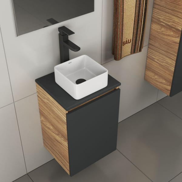 Комплект для ванной, 4 предмета (тумба Bau 40, графит + раковина BAU Hotel mini 24х24 + смеситель Hotel Black, выпуск клик-клак, черный)