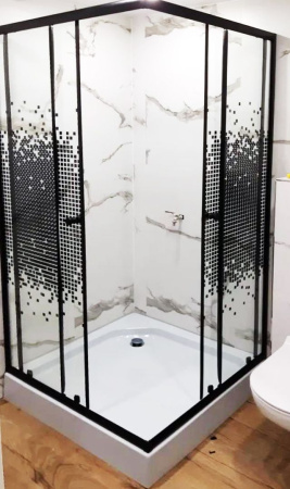 Душевой уголок BAU Stil квадратный с поддоном 90x90х195, прозрачное закаленное стекло с черным рисунком 5 мм, черный матовый профиль