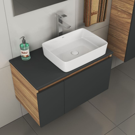 Комплект для ванной, 4 предмета (тумба Bau 80, графит + раковина BAU Hotel 48х37 + смеситель Hotel Still, выпуск клик-клак, белый)