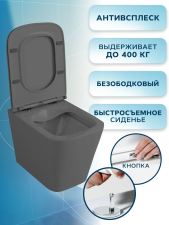 Унитаз подвесной безободковый Bau Stil Dark Matt Grey 51, сиденье дюропласт микролифт, темно-серый матовый