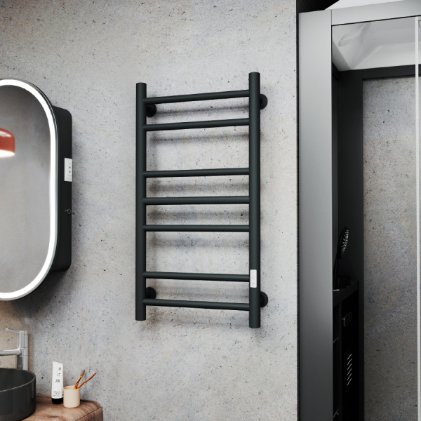 Полотенцесушитель электрический Маргроид BAU В10 40х80, П8 (3+3+2) с таймером справа, черный матовый RAL 9005