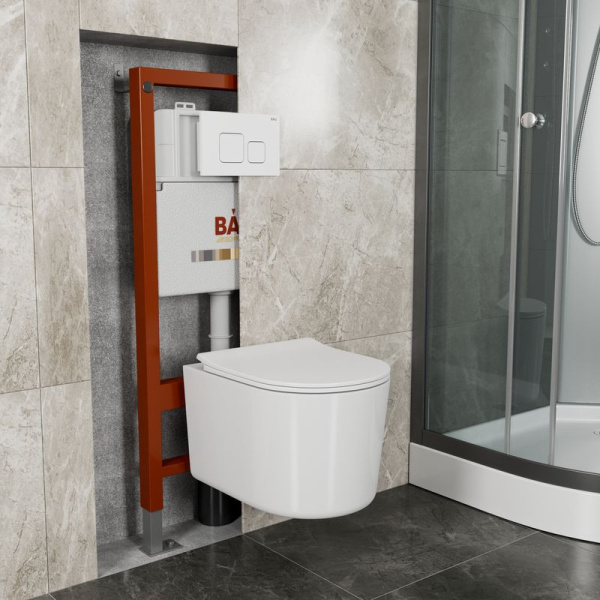 Комплект BAU 6 в 1: инсталляция BAU PRO, унитаз подвесной безободковый Bau Hotel PRO, быстросъемное сиденье микролифт, кнопка смыва BAU Soul, белая