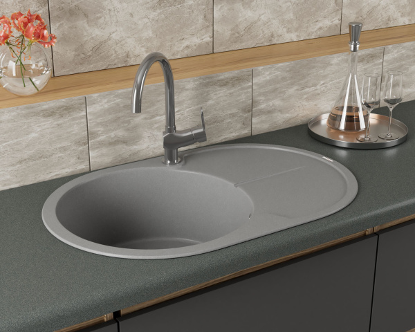 Мойка для кухни врезная кварцевая в комплекте с сифоном BAU Dream Gray silk 78х51, серый шёлк