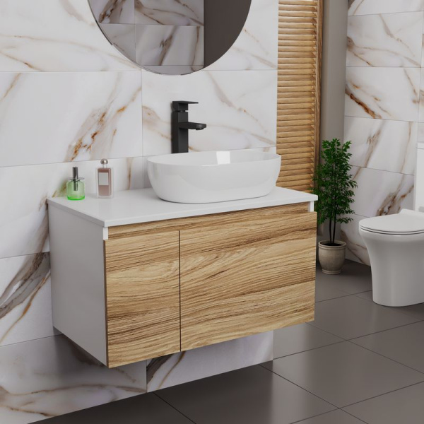 Комплект для ванной, 3 предмета (Тумба подвесная Bau Blackwood 80 + Раковина BAU 48х34, Смеситель высокий Hotel Black, черный)