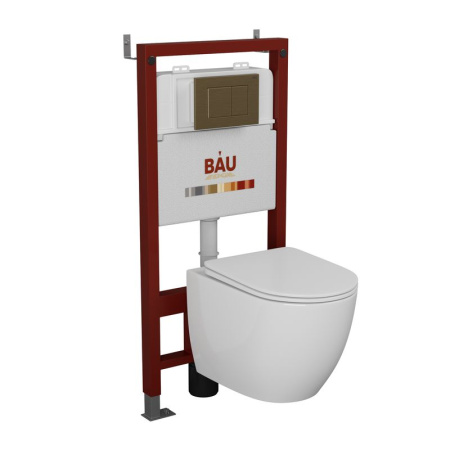 Комплект BAU 6 в 1: инсталляция BAU PRO, унитаз подвесной безободковый Bau Dream 49,5х36, сиденье дюропласт микролифт, клавиша BAU Stil, бронза