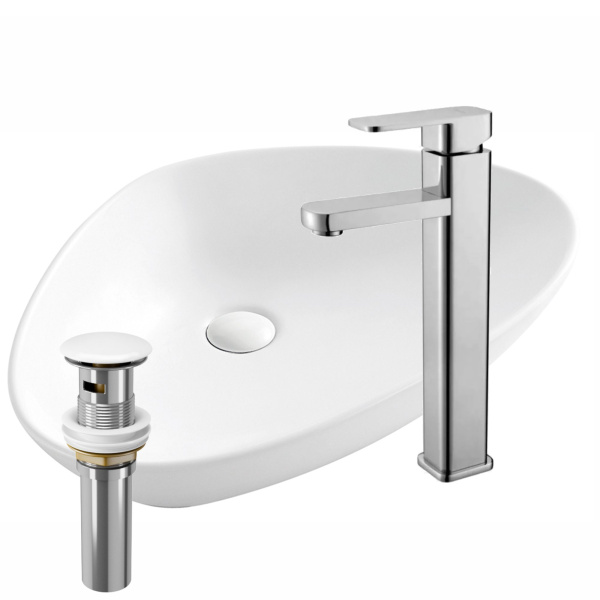 Раковина накладная со смесителем и выпуском (Умывальник BAU Triangle 59х39, белый + смеситель для раковины высокий Potato Hotel, выпуск клик клак, белый)