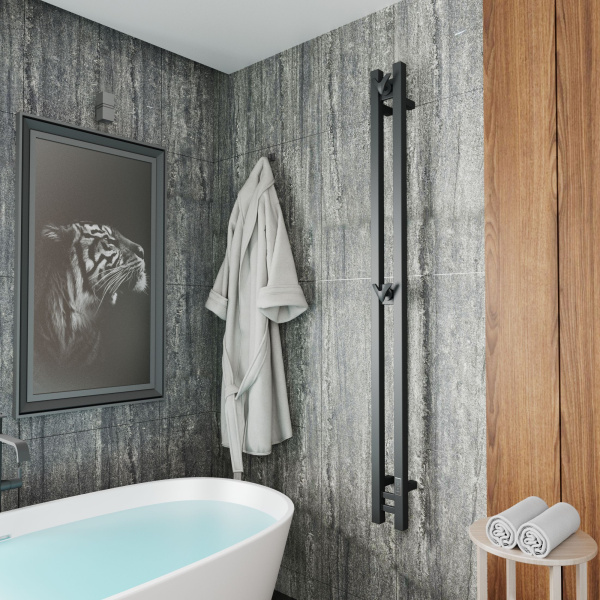 Полотенцесушитель дизайнерский электрический, профильный BAU Stella Square 10х160, 2 коллектора, 2 крючка, черный матовый RAL 9005