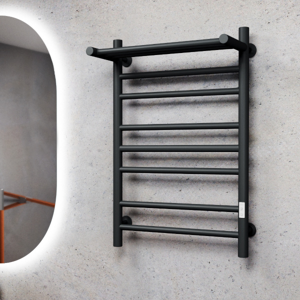 Полотенцесушитель электрический с полкой Маргроид BAU В10 50х80 П7 (2+3+2) с таймером справа, черный матовый RAL 9005
