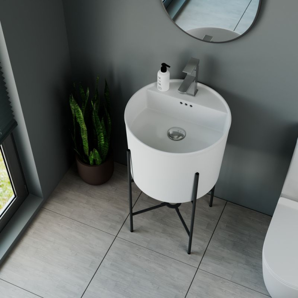 Раковина напольная с металлическими ножками и выпуском (BAU Omega белая + смеситель Hotel Still, выпуск клик-клак хром)