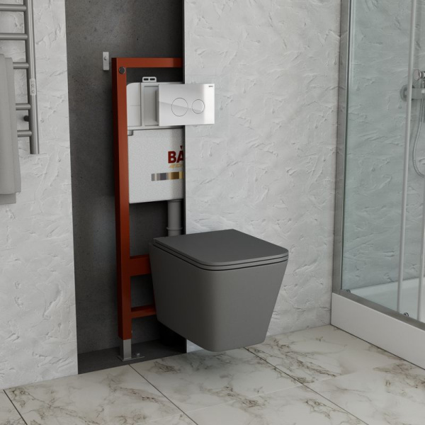 Комплект BAU 6 в 1: инсталляция BAU PRO, унитаз подвесной безободковый торнадо обратного потока Bau Stil Hurricane-2, сиденье микролифт, темно-серый матовый, клавиша из стекла BAU Dream, белая