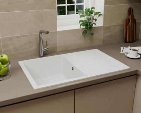 Мойка для кухни оборачиваемая с крылом BAU Stil White snow 77х50, выпуск с сифоном в комплекте, белый снег