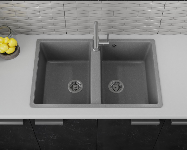 Мойка для кухни двойная чаша BAU Stil Gray stone 77х50, выпуск с сифоном в комплекте, серый камень
