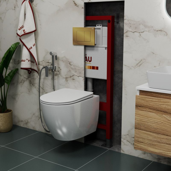 Комплект BAU 6 в 1: инсталляция BAU PRO, унитаз подвесной безободковый Bau Dream 49,5х36, сиденье дюропласт микролифт, клавиша BAU Stil, золото