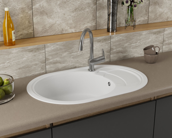 Мойка для кухни оборачиваемая овальная BAU Nimb White snow 78х50, выпуск с сифоном в комплекте, белый снег