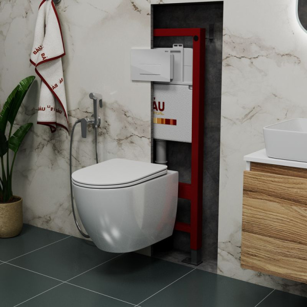 Комплект BAU 6 в 1: инсталляция BAU PRO, унитаз подвесной безободковый Bau Dream 49,5х36, сиденье дюропласт микролифт, клавиша BAU Hotel, белый глянец