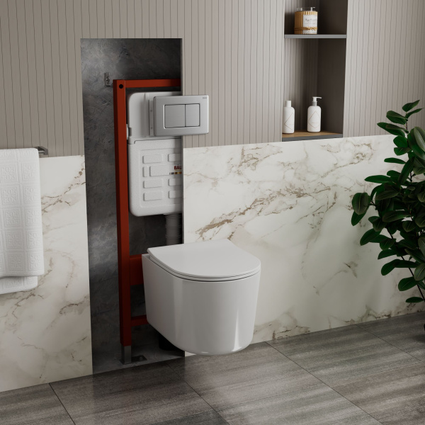 Комплект BAU 6 в 1: усиленная инсталляция BAU IDEAL, унитаз подвесной безободковый Bau Hotel PRO, сиденье микролифт, клавиша BAU Light антивандальная, нерж. сталь брашированная