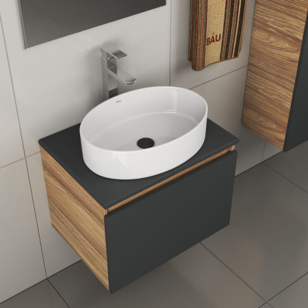 Комплект для ванной, 4 предмета (тумба Bau 60, графит + раковина BAU Nimb 50х36 + смеситель Hotel Still, выпуск клик-клак, черный)