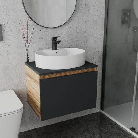 Комплект для ванной, 3 предмета (Тумба подвесная Bau Blackwood 60 графит + Раковина BAU 51х41, с отв. под см-ль, Смеситель Cerama Black, черный)