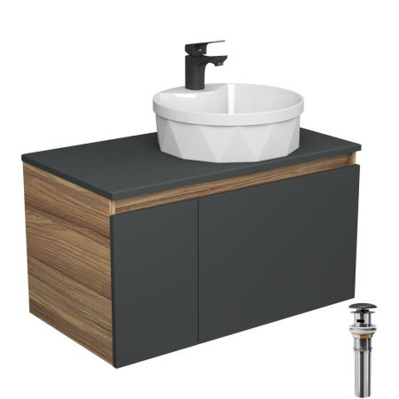 Комплект для ванной, 4 предмета (Тумба подвесная Bau Blackwood 80 графит + Раковина BAU D40, с отв. под см-ль + Смеситель Cerama Black, выпуск черный)