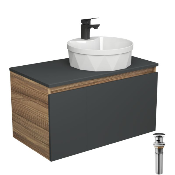 Комплект для ванной, 4 предмета (Тумба подвесная Bau Blackwood 80 графит + Раковина BAU D40, с отв. под см-ль + Смеситель Cerama Black, выпуск черный)