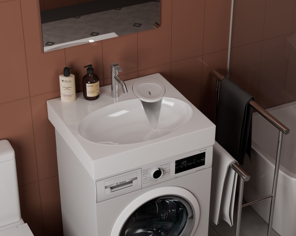 Раковина над стиральной машиной BAU Nimb 60х55, литьевой мрамор в комплекте с кронштейнами и сифоном , белый глянец