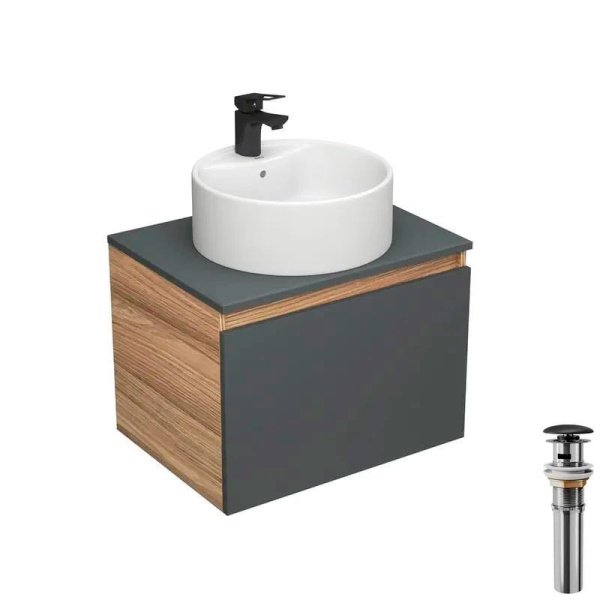 Комплект для ванной, 4 предмета (тумба Bau Dream 60 графит + раковина BAU D40, с отв. под смеситель + смеситель Cerama Black, выпуск клик-клак, черный)