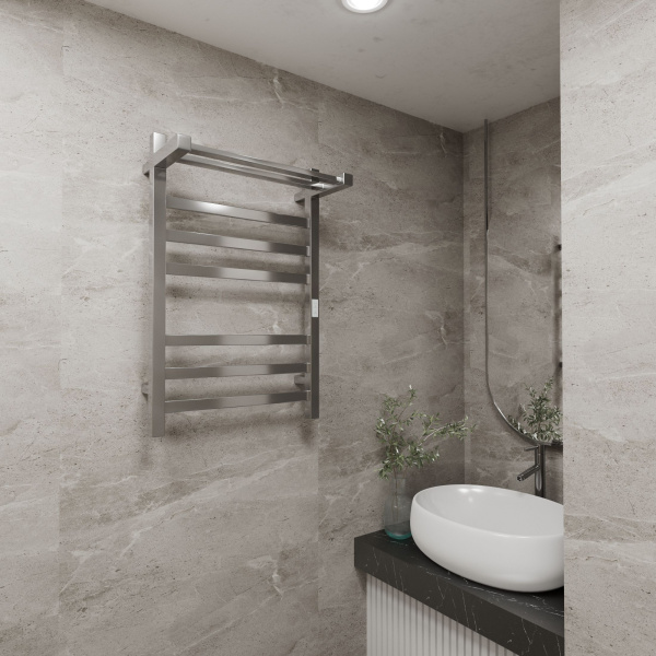 Полотенцесушитель электрический профильный с полкой BAU Hotel Shelf 50х80, 6 планок, универсальный, нерж. сталь полированная