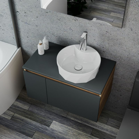 Комплект для ванной, 4 предмета (Тумба подвесная Bau Blackwood 80 графит + Раковина BAU D40, с отв. под см-ль + Смеситель Dream, выпуск белый)