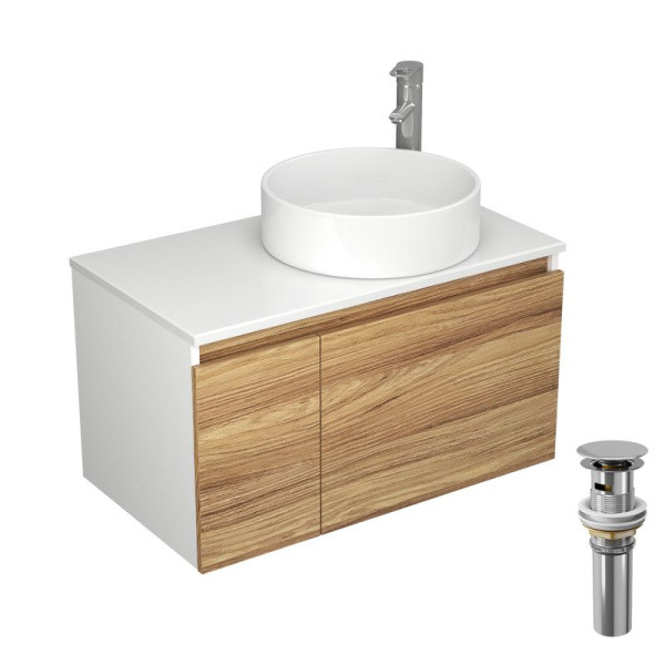 Комплект для ванной, 4 предмета (Тумба Bau Dream Blackwood 80, раковина BAU Dream круглая D41, смеситель для раковины Diadonna Dream, латунь, выпуск клик клак, хром)