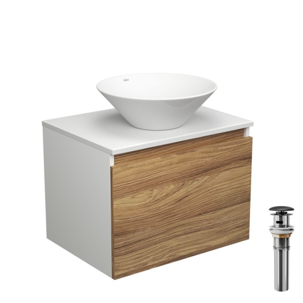 Тумба с раковиной и выпуском (тумба подвесная Bau Dream 60 + раковина BAU Dream D43, белая, выпуск клик-клак, черный)