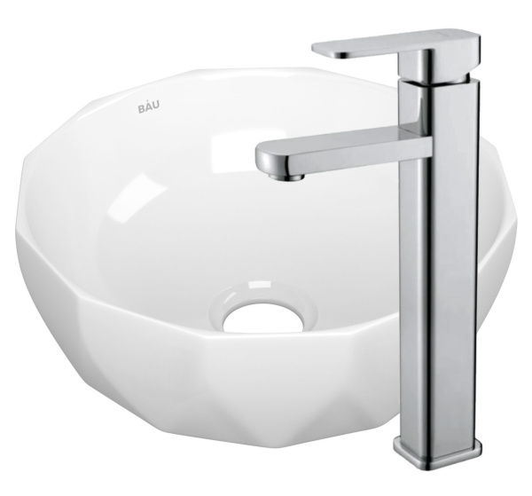 Раковина накладная со смесителем (на столешницу BAU Diamond D40, белая + смеситель Hotel Still, нержавеющая сталь)