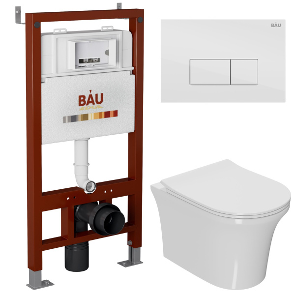 Комплект BAU 6 в 1: инсталляция BAU PRO, унитаз подвесной безободковый Bau Spectrum PRO, сиденье быстросъемное микролифт, клавиша BAU Hotel, белый глянец
