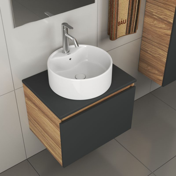 Комплект для ванной, 4 предмета (тумба Bau 60, графит + раковина BAU D40, с отв. под смеситель + смеситель Dream, выпуск клик-клак, белый)