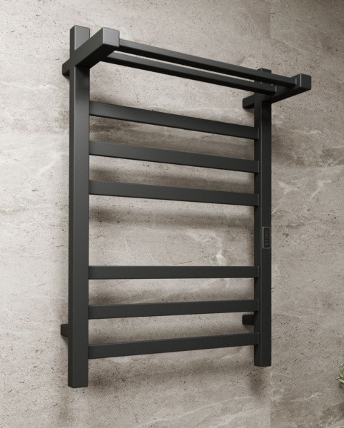 Полотенцесушитель электрический профильный с полкой BAU Hotel Shelf 50х80, 6 планок, универсальный, черный матовый RAL 9005