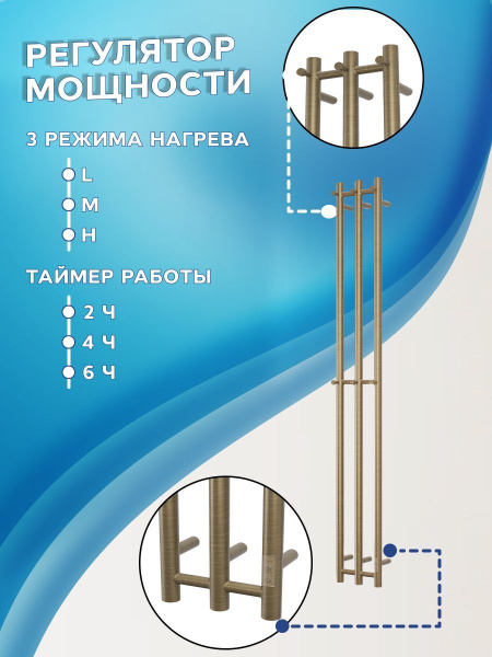 Полотенцесушитель дизайнерский электрический, профильный BAU Stella 12х160, 3 коллектора, 6 крючков (антикварная бронза DB-0061)