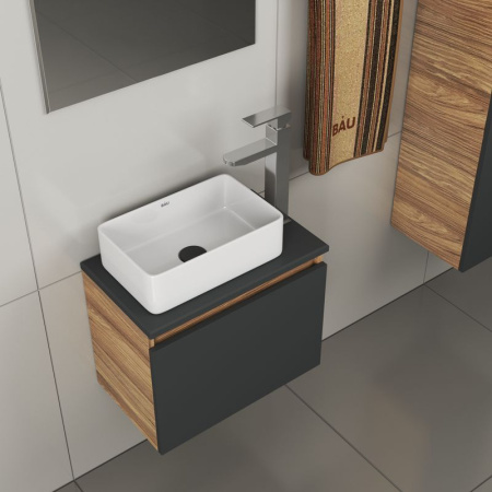 Комплект для ванной, 4 предмета (тумба Bau 50, графит + раковина BAU Hotel mini 37х23 + смеситель Hotel Still, выпуск клик-клак, черный)