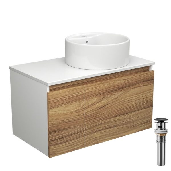 Тумба с раковиной и выпуском (тумба подвесная Bau Dream 80 + раковина BAU Element D40, с отверстием под смеситель, белая, выпуск клик-клак, черный)