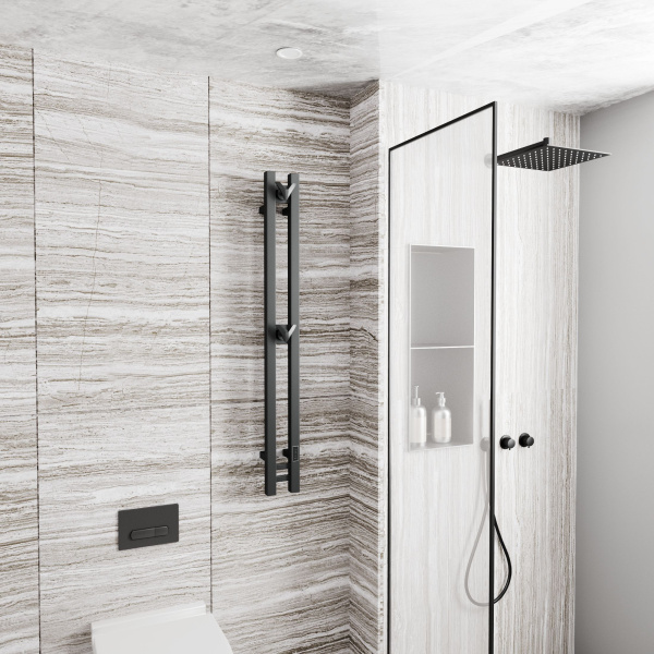 Полотенцесушитель дизайнерский электрический, профильный BAU Stella Square 10х120, 2 коллектора, 2 крючка, черный матовый
