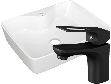 Раковина накладная со смесителем (прямоугольная BAU Cerama 48х37, белая + смеситель Cerama Black, черный)