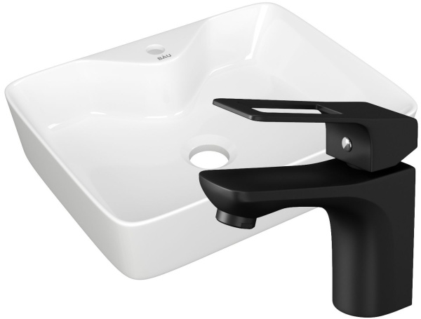 Раковина накладная со смесителем (прямоугольная BAU Cerama 48х37, белая + смеситель Cerama Black, черный)