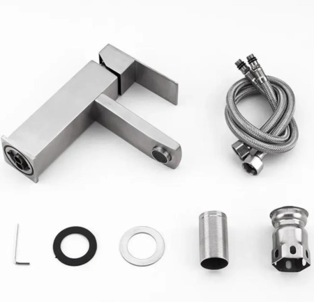 Раковина накладная со смесителем и выпуском (круглая BAU D40, белая + смеситель Hotel Still, нер. сталь, выпуск клик-клак хром)