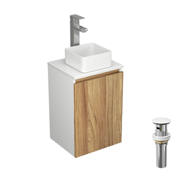 Комплект для ванной, 4 предмета (Тумба Bau Dream Blackwood 40, раковина BAU Mini 24х24, смеситель для раковины Potato Hotel, выпуск клик клак, белый)