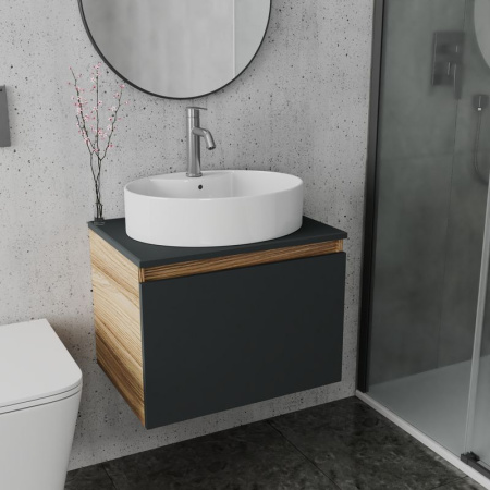 Комплект для ванной, 3 предмета (Тумба подвесная Bau Blackwood 60 графит + Раковина BAU 51х41, с отв. под см-ль, Смеситель Dream, нерж. сталь)